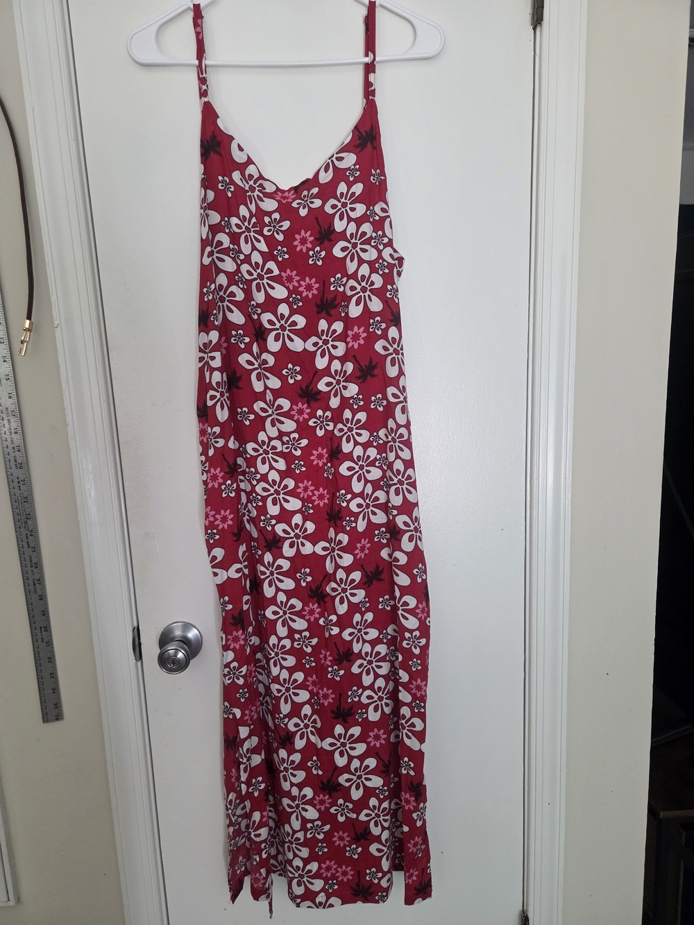 Blue Sky Red Floral Maxi Slip Dress with White Flowers